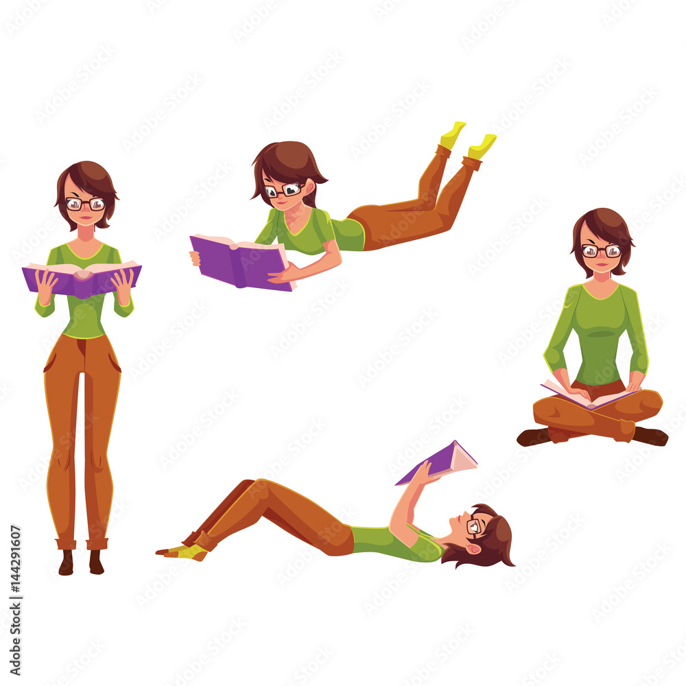 Pretty young woman reading in different positions standing, sitting