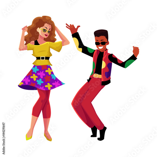 Caucasian girl and black man in 1980s, eighties style clothes dancing disco, cartoon vector illustration isolated on white background. Man and woman in 80s style clothing dancing at retro disco party