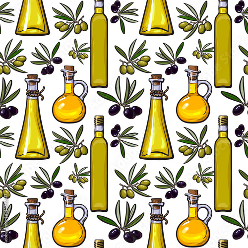 Seamless pattern of olive branches and oil bottles, sketch vector illustration on white background. Hand drawn olive oil seamless pattern with bottles and branches for banner, wrap, textile design