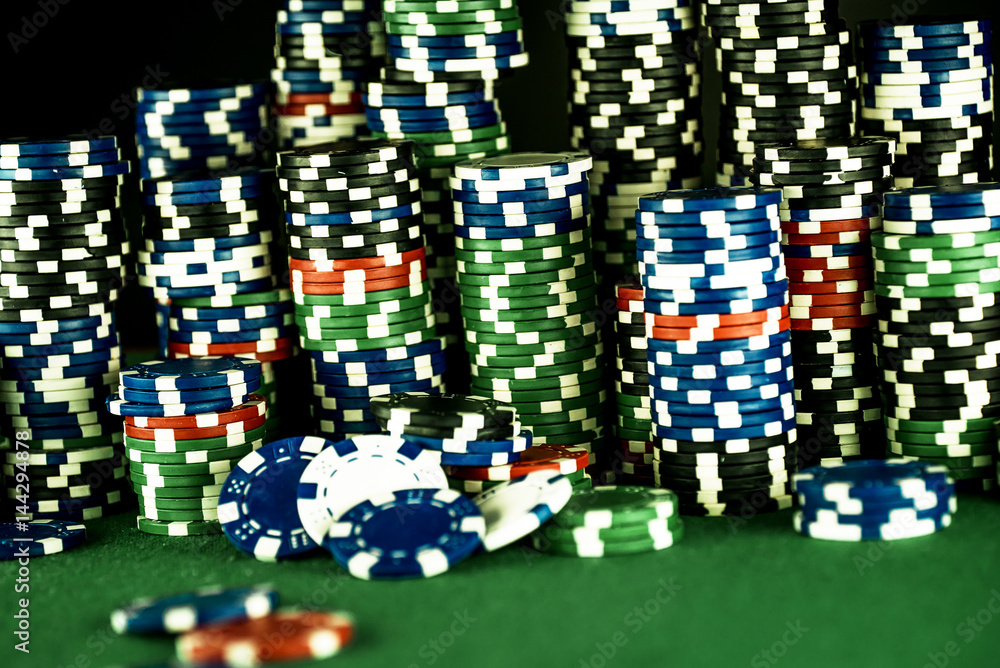 Fototapeta premium Casino Concept background with dice, roulette and chips. in montion