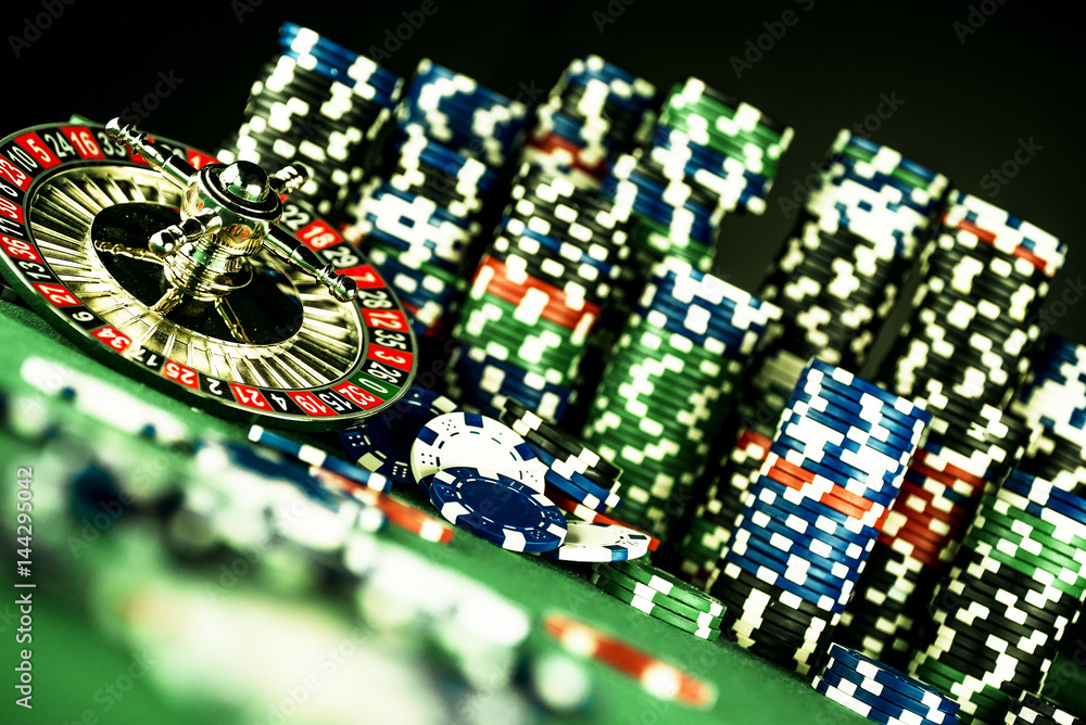 Casino Concept background with dice,s, roulette and chips. in montion Casino Concept background with dice,s, roulette and chips. in montion