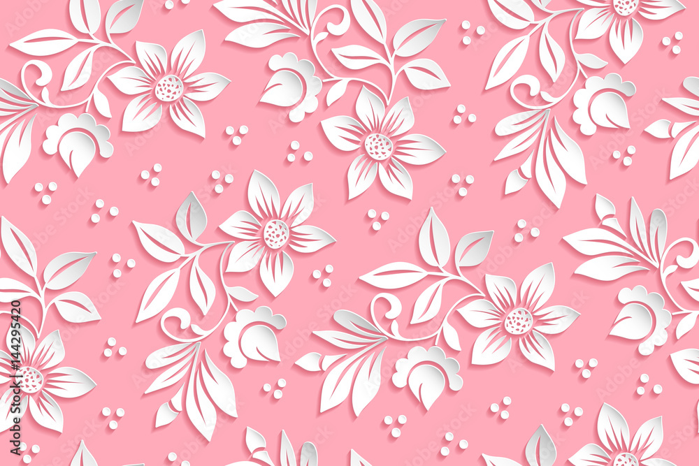 Vector flower seamless pattern element. Elegant texture for backgrounds. 3D elements with shadows and highlights. Paper cut.