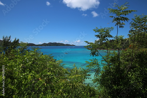 View to Anse Petite Cour and Curieuse Island which are situated in the north of Praslin Island, Seychelles, Indian Ocean, Africa