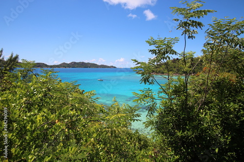 View to Anse Petite Cour and Curieuse Island which are situated in the north of Praslin Island, Seychelles, Indian Ocean, Africa