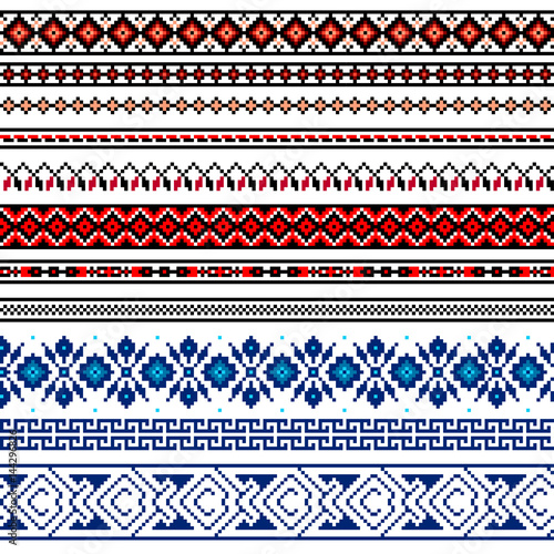 Vector illustration of Ukrainian folk seamless pattern ornament. Ethnic ornament. Border element. Traditional Ukrainian, Belarusian folk art knitted embroidery pattern - Vyshyvanka
