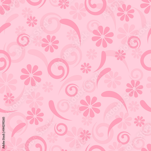 Pink seamless background of flowers and swirls