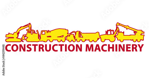 Construction machinery icon symbol. Ground works sign. Machines vehicles brand mark. Heavy construction equipment for building truck, digger, crane, bagger, mix, excavator. Illustration master vector.