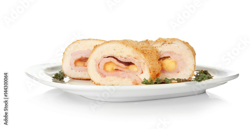 Photos Plate with tasty chicken sliced roll on white background