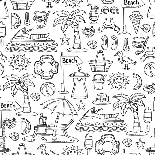 Pattern with hand drawn isolated symbols of summer and beach on white color. Pattern on the theme of travel