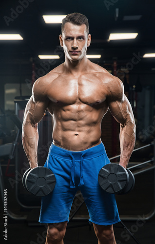 Handsome man with big muscles, posing at the camera in the gym