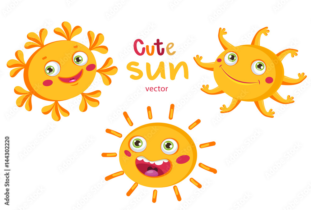 Set Cartoon Different Sun. Vector Illustration On White Background. Funny Happy Smiley Suns. Bright And Beautiful Cartoon Characters. Children's Illustration, Vector.