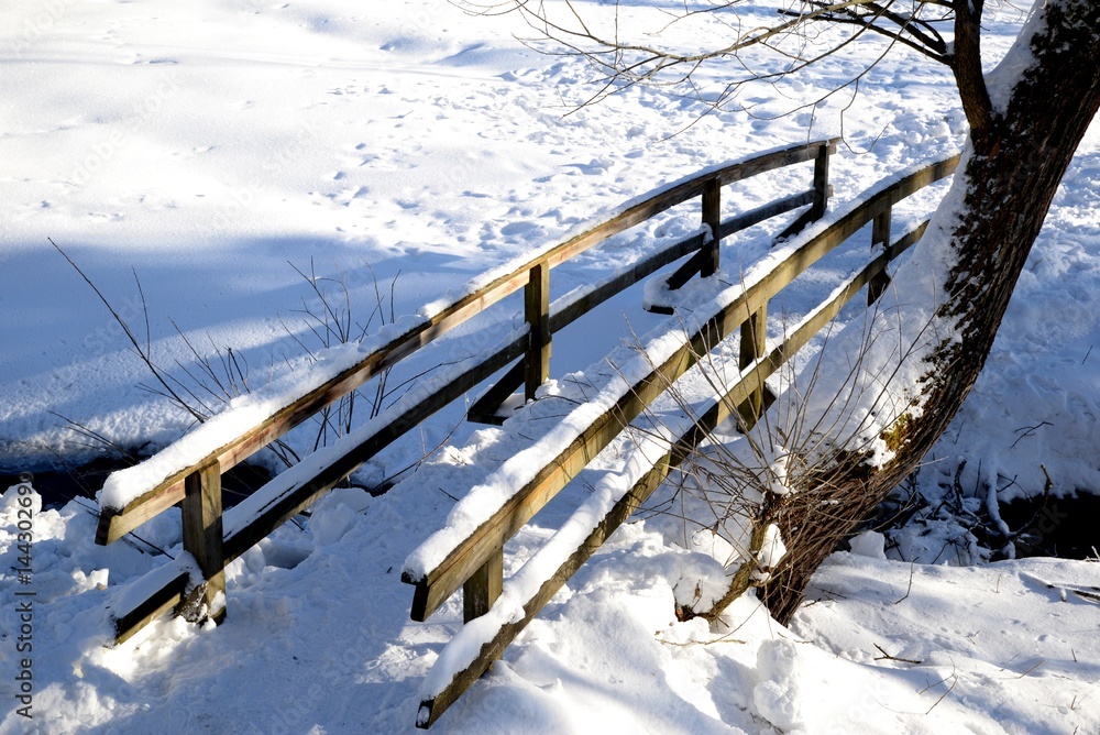 old wooden bridge on a winter mountain stream