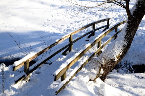 Obraz na płótnie old wooden bridge on a winter mountain stream w salonie