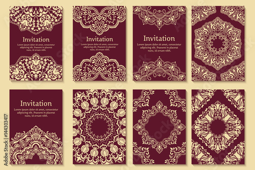 Set of wedding invitations and announcement cards with ornament in Arabian style. Arabesque pattern. Eastern ethnic ornament. Elegant texture for backgrounds. Design template.
