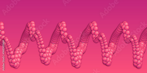 Array of spheres with soft shadows on the crimson background in form of distorted spiral. Abstract background with organic structures.