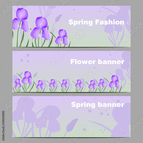Banners with flowers irises, imitation of watercolors, global color