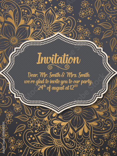 Wedding invitation and announcement card with ornament in Arabian style. Arabesque pattern. Eastern ethnic ornament. Elegant texture for backgrounds. Design template.