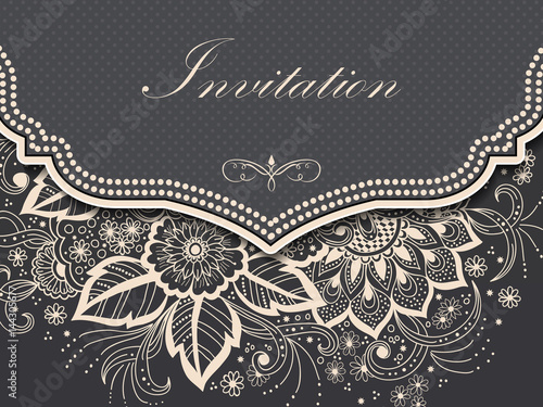 Wedding invitation and announcement card with ornament in Arabian style. Arabesque pattern. Eastern ethnic ornament. Elegant texture for backgrounds. Design template.