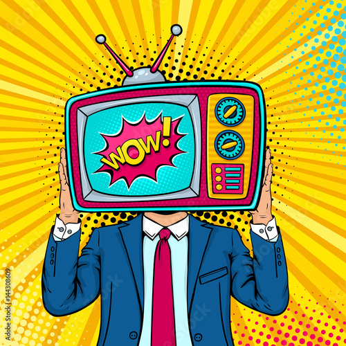 Wow face. A man in a suit holding retro tv set with Wow speech bubble instead of his head. Vector colorful background in retro comic pop art style.