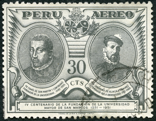 PERU - 1951: shows Thomas de San Martin y Contreras (1482-1555) and Jero nimo de Aliaga y Ramirez conquistador (1508-1569), 400th anniversary of the founding of San Marcos University photo