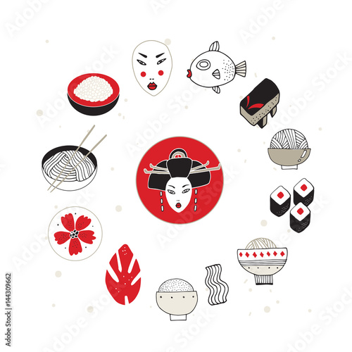 Hand drawn Japan and Asia design elements collection