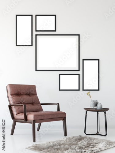 Fototapeta Naklejka Na Ścianę i Meble -  mock up posters in living room interior. Interior scandinavian style. 3d rendering, 3d illustration