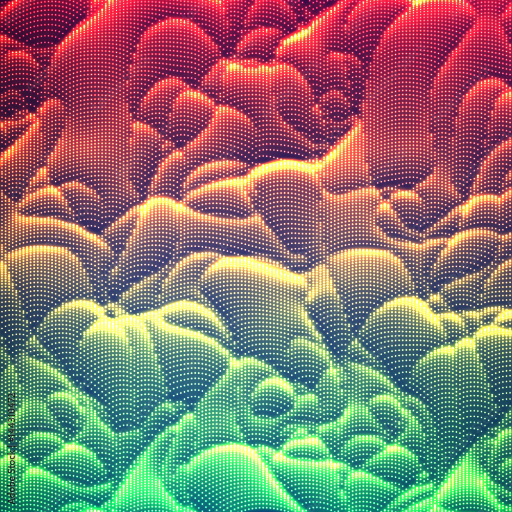 Obraz premium Vector abstract glowing point noise background. Array of glowing points in form of distorted surface. Abstract colorful cyber background. eps10