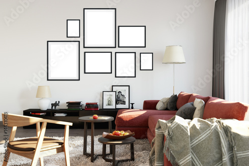 mock up posters in living room interior. Interior scandinavian style. 3d rendering, 3d illustration © Yuri-U