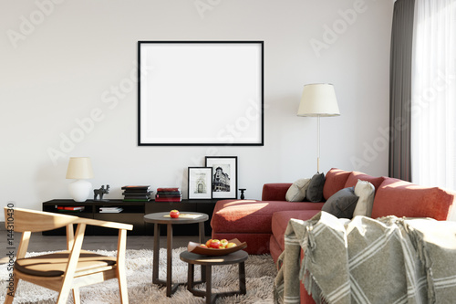 mock up posters in living room interior. Interior scandinavian style. 3d rendering  3d illustration