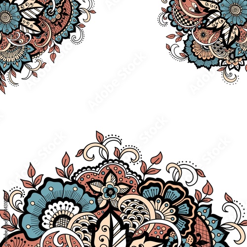 Wedding invitation card with vector abstract floral elements in Indian mehndi style. Abstract henna floral vector illustration. Colorful design element.