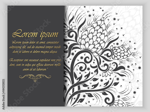 Wedding invitation card with vector abstract floral elements in Indian mehndi style. Abstract henna floral vector illustration. Grayscale design element.