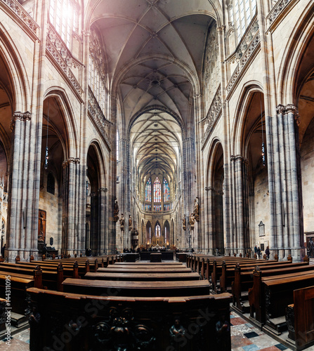 The interior of the Gothic St. Vitus Cathedral in Prague Castle is the main tourist attraction of the city.