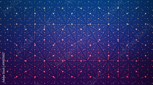 Abstract vector background. Matrix of glowing stars with illusion of depth and perspective. Abstract futuristic space background.
