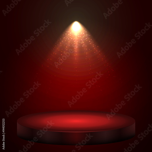 Red illuminated with spotlight stage with round podium