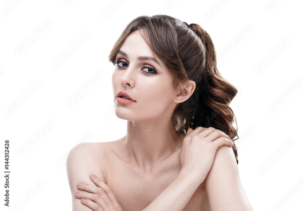 Fototapeta premium Beautiful young woman with clean healthy skin isolated on white background