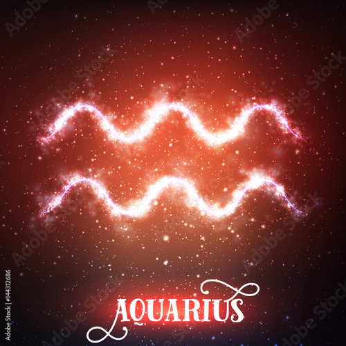 Vector abstract zodiac sign Aquarius on a dark red background of the space with shining stars. Nebula in form of Aquarius sign. Glowing zodiac sign Aquarius, The Water-Bearer greek:Hydrokhoos