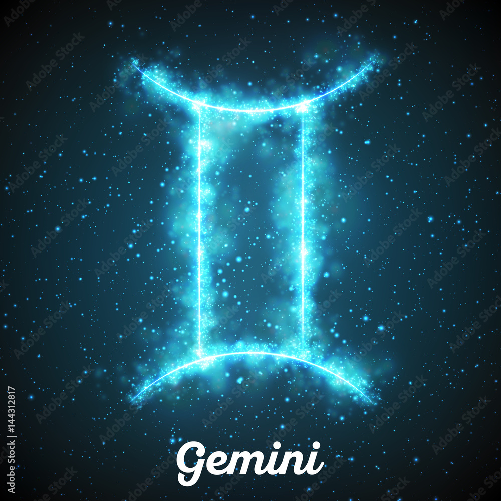 Vector abstract zodiac sign Gemini on a dark blue background of the space  with shining stars. Nebula in form of zodiac sign Gemini. Abstract glowing  zodiac sign Gemini, The Twins, greek:Didymoi Stock