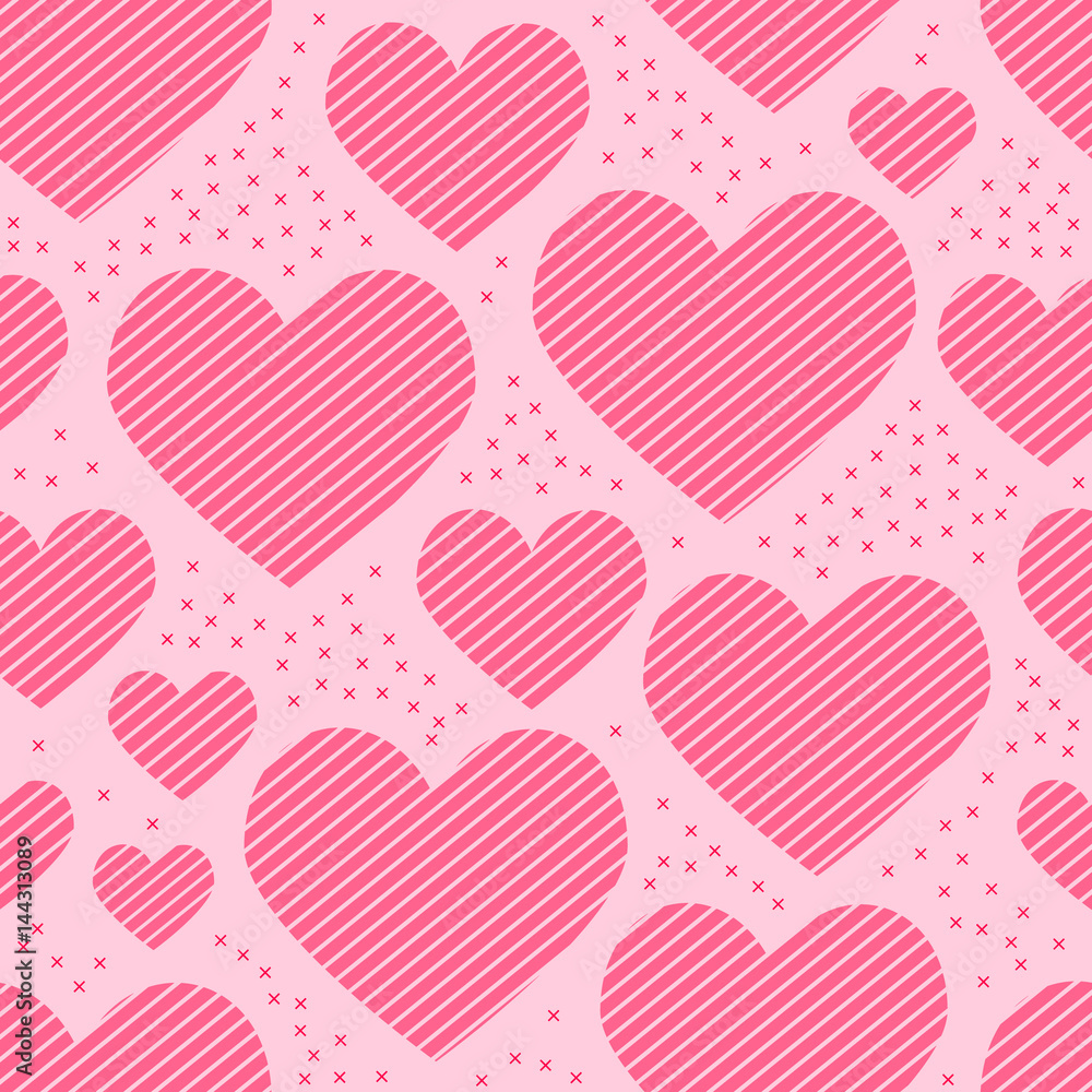 Seamless pattern of hearts, sliced stripes and crosses