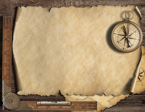 Old blank map background with compass. Adventure and travel concept. 3d illustration.