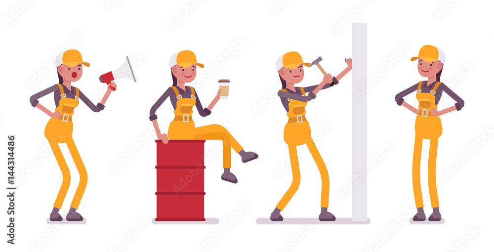 Set of female worker in yellow overall with tools Set of female worker in yellow overall with tools