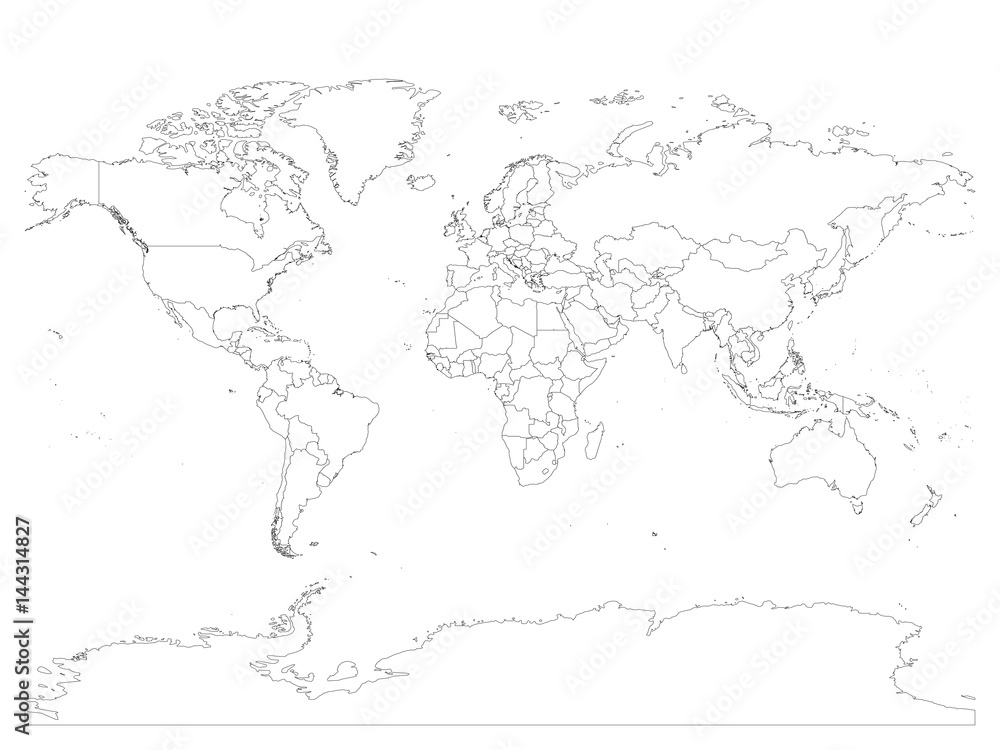 Fototapeta premium World map with country borders, thin black outline on white background. Simple high detail line vector wireframe.