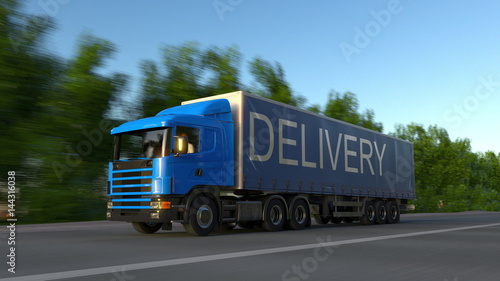 Speeding freight semi truck with DELIVERY caption on the trailer. Road cargo transportation. 3D rendering