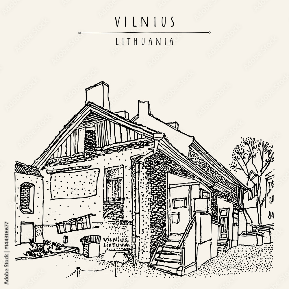 Old house in Vilnius, Lithuania, Europe. Hand drawn vintage travel postcard