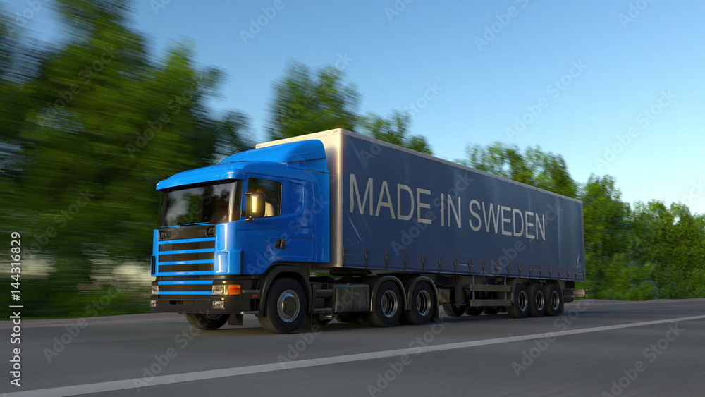 Speeding freight semi truck with MADE IN SWEDEN caption on the trailer. Road cargo transportation. 3D rendering