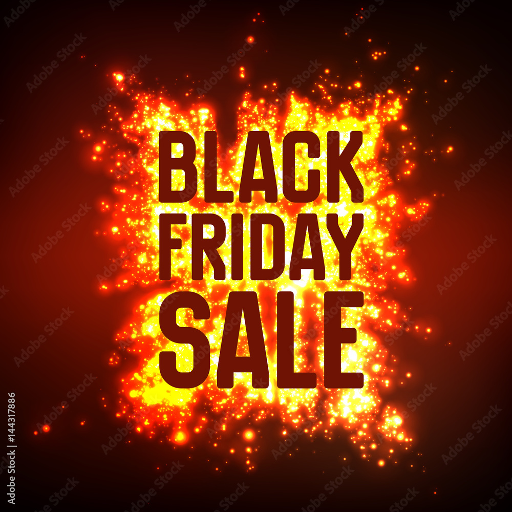 Vector Black Friday Sale background with shining blast of fireworks. Vector illustration on red background. Abstract explosion of shining dots.