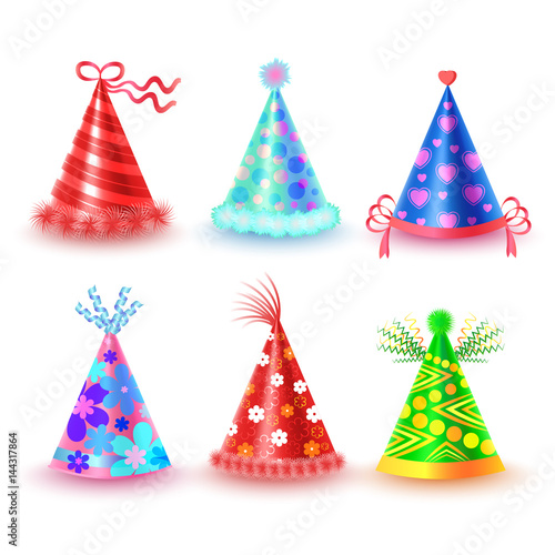 Decorated Colorful Party Hats Vector Icons Set