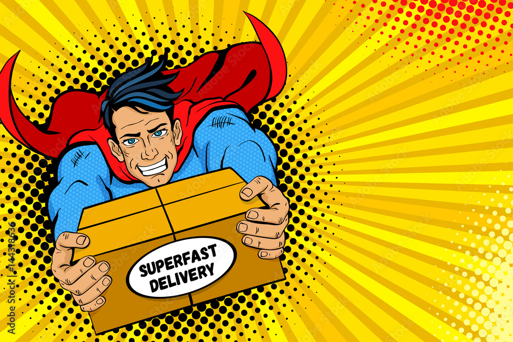 Fototapeta Pop art superhero. Young handsome happy man in a superhero costume flies holding big box with super fast delivery text. Vector illustration in retro pop art comic style. Delivery poster template.