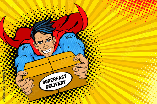 Pop art superhero. Young handsome happy man in a superhero costume flies holding big box with super fast delivery text. Vector illustration in retro pop art comic style. Delivery poster template.