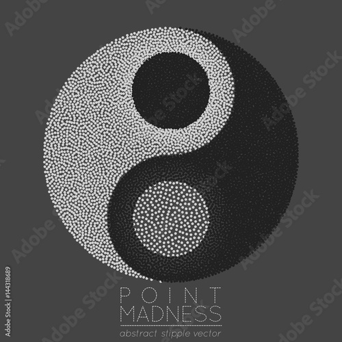 Vector illustration of abstract dotted symbol Yin Yang. Sacred geometry sign made in stippling technique. Isolated halftone symbol. Pointillism. photo