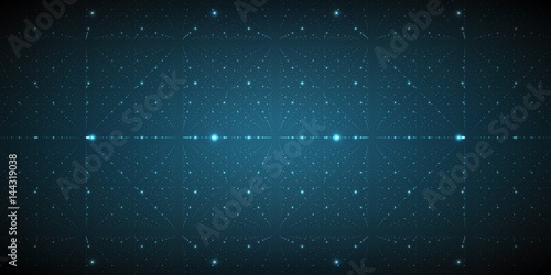 Vector infinite space background. Matrix of glowing stars with illusion of depth and perspective. Geometric backdrop with point array as lattice nodes. Abstract futuristic universe on dark background.